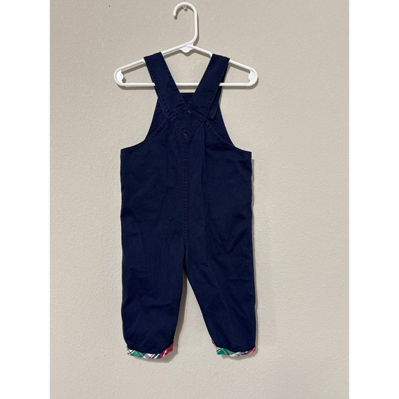 Baby Boy Train Embroidered Navy Overalls Dungarees 9-12 Months Applique Plaid - Picture 2 of 4